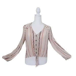 Rewind Shirt Top Blouse Women's Medium Long Sleeve Button Down Cream Pink V Neck
